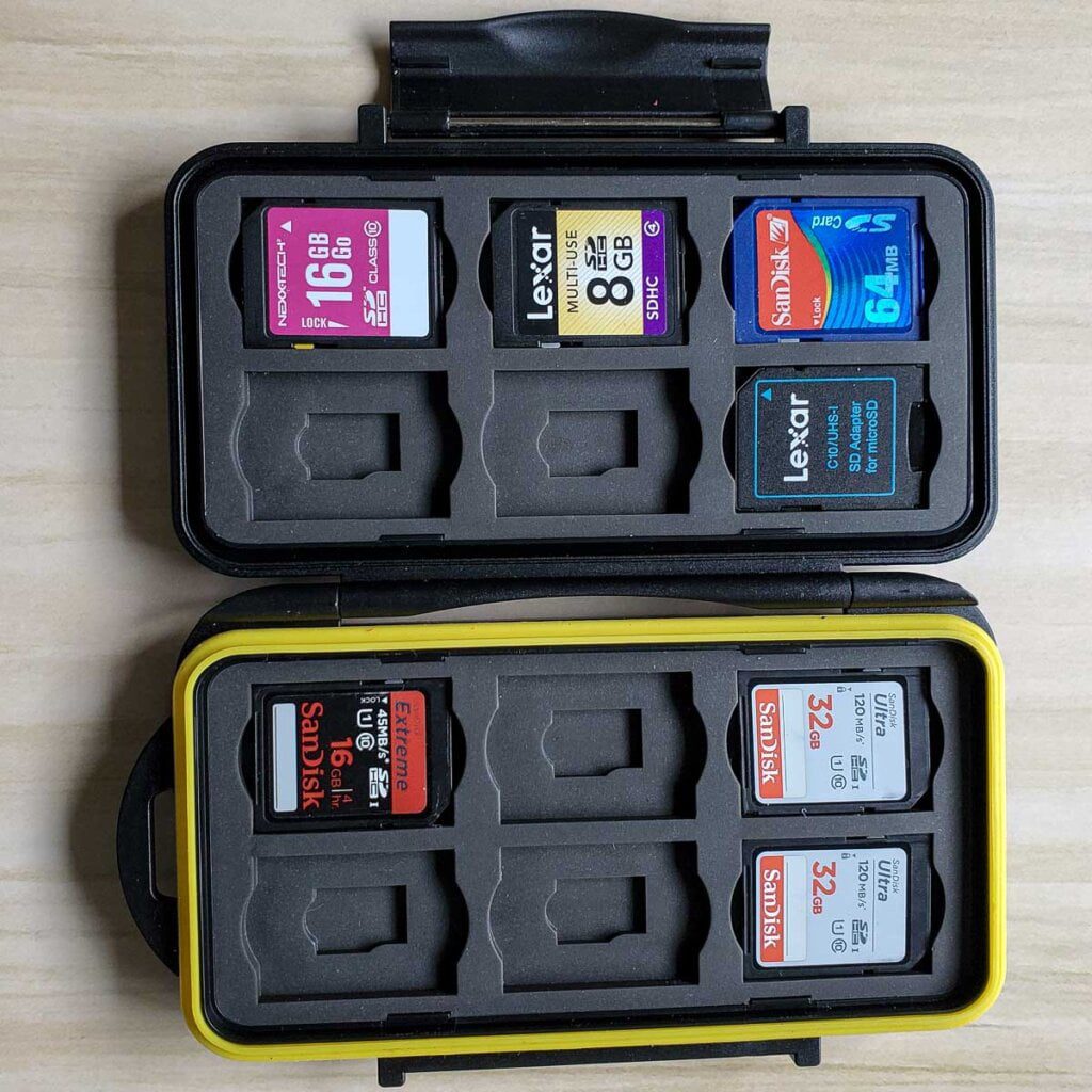 7 SD memory cards in a case that holds 12.