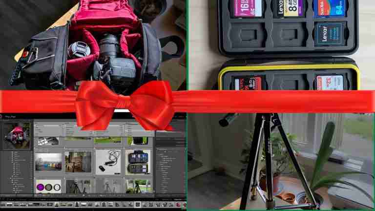 A variety of gift ideas for beginner photographers in a collage with a bow across them.