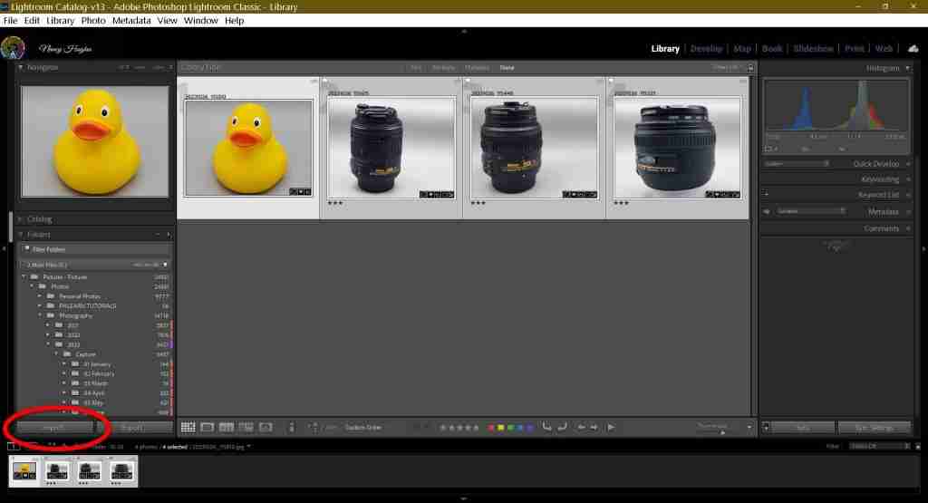 screenshot of Lightroom with import circled