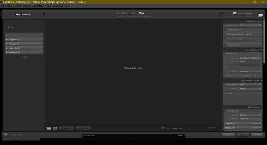 screenshot of the import screen in Lightroom