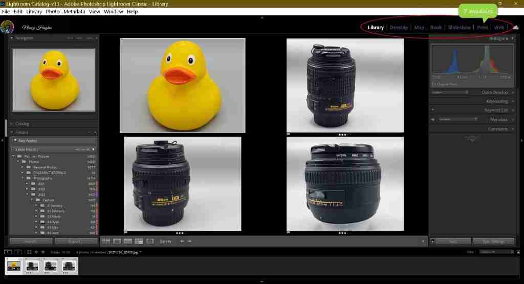 Screen shot of lightroom, 7 modules circled